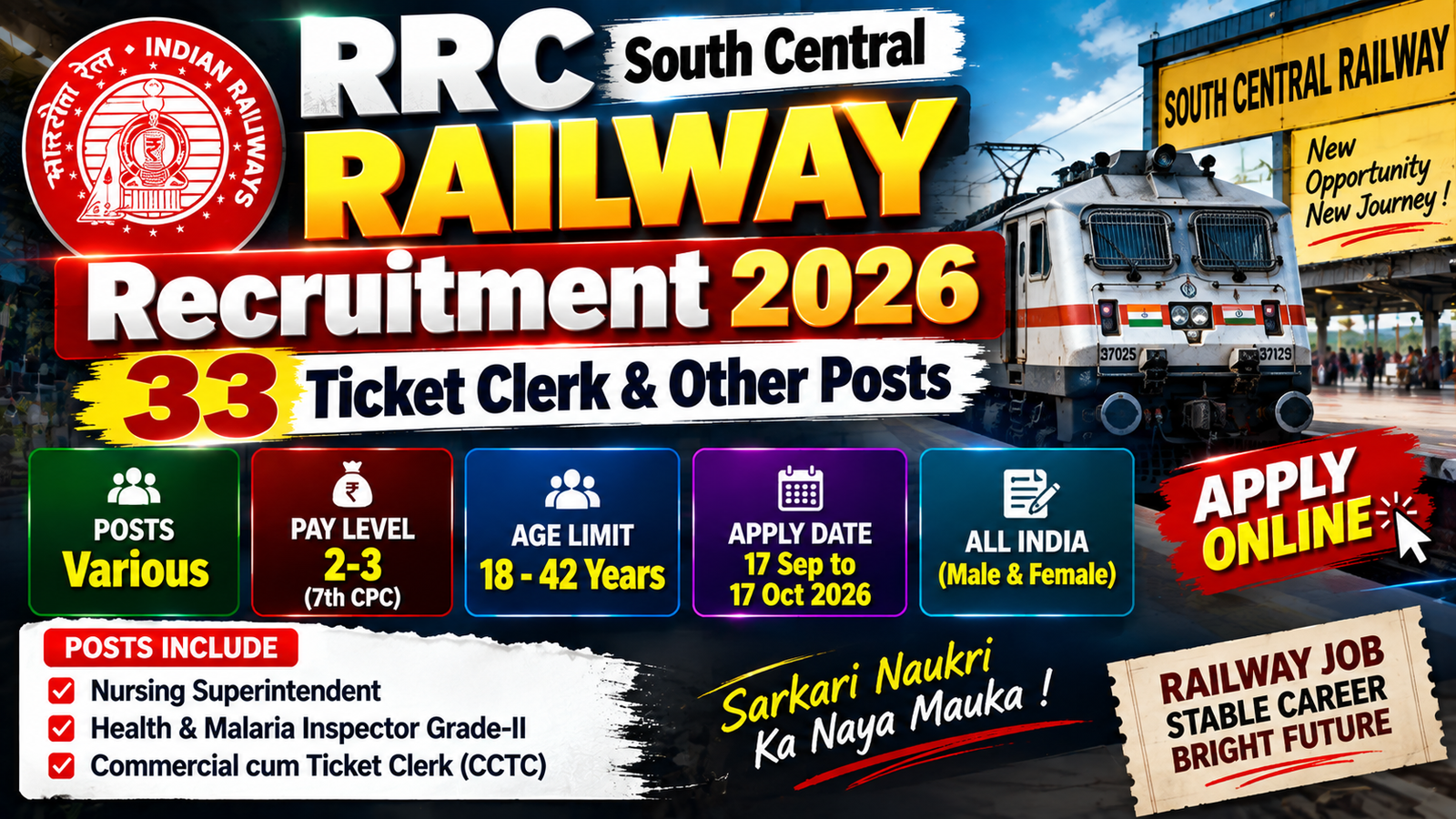 Read more about the article RRC South Central Railway Recruitment 2026 – Apply Online for 33 Ticket Clerk & Other Posts