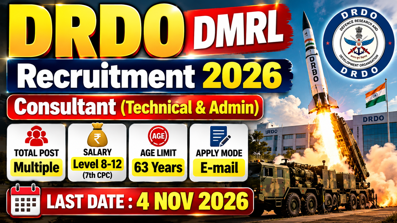 You are currently viewing DRDO DMRL Recruitment 2026 – Consultant (Technical & Admin) Posts